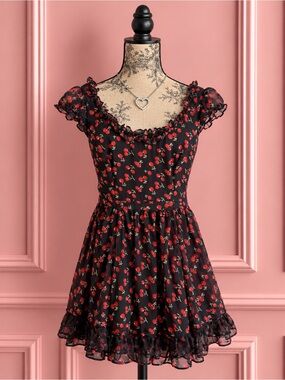 Vintage Tripp NYC Black Chiffon Cherry Print Ruffle Dress Size XS